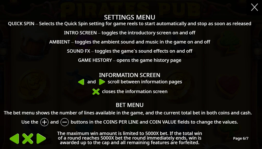 Pirates Pub - Configuración del juego y menú